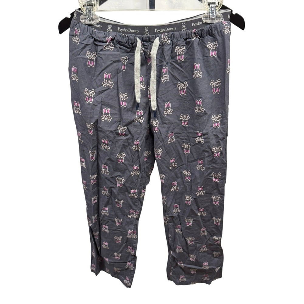 Psycho Bunny Womens Gray Cotton Logo Print Pajama Pants Size S Drawstring Lounge